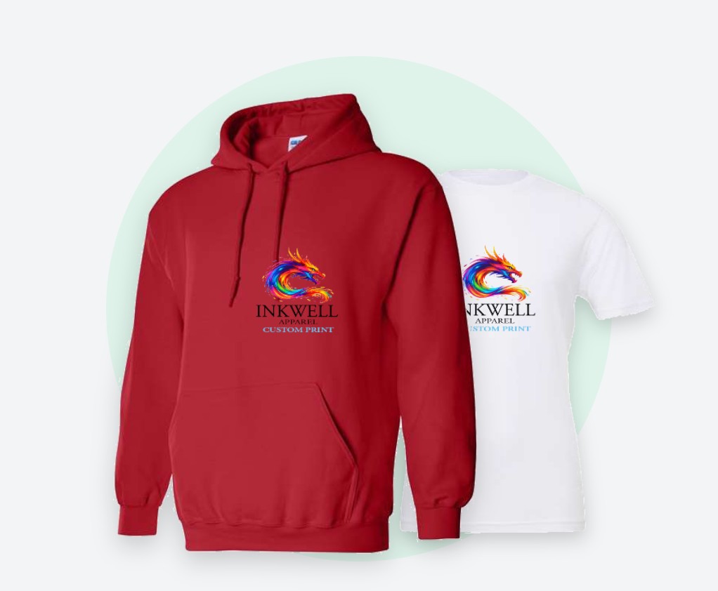 Red hoodie and white t-shirt printed with the InkWell Apparel logo